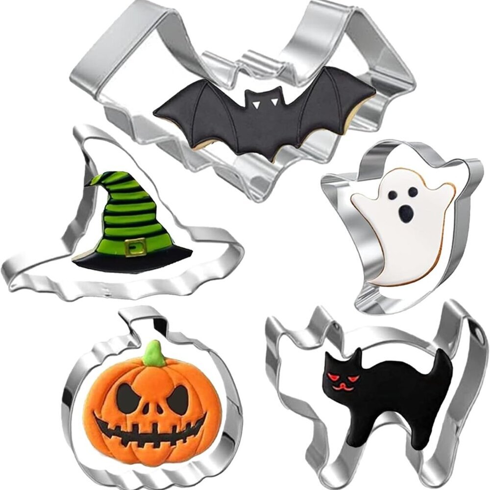 Halloween Cookie Cutters Set Large - Witch's Hat, Pumpkin, Ghost, Bat and Cat Cu